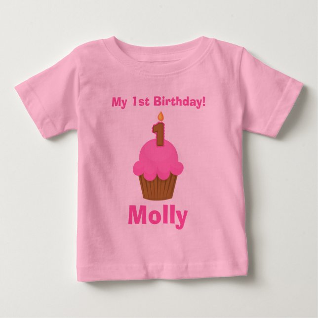 1:a födelsedag Tshirt Rosa Cupaka med ljus Tröja (Framsida)
