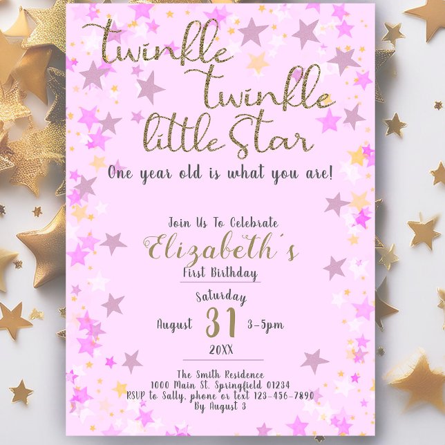 1:a födelsedag, Twinkle Little Star Rosa Girl Inbjudningar (Skapare uppladdad)