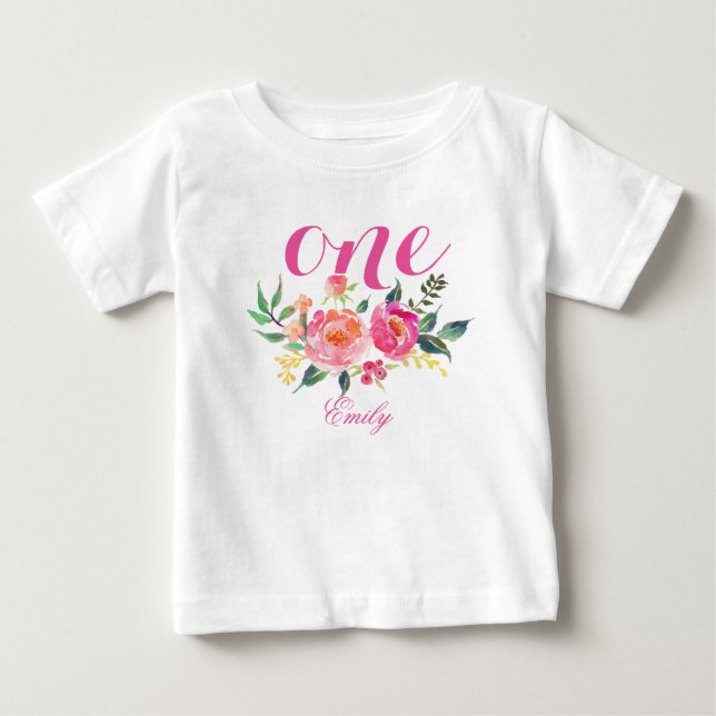1:a födelsedag Vattenfärgad Blommigt Personlig-4 T-shirt (Framsida)