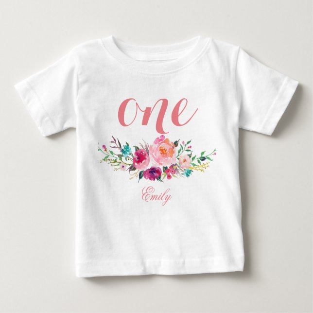 1:a födelsedag Vattenfärgad Blommigt Personlig-8 T Shirt (Framsida)