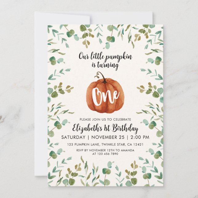 1:a födelsedag vattenfärgspumpkin och eukalyptus inbjudningar (Framsida)
