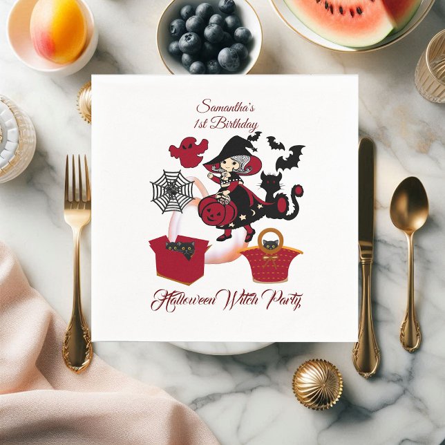 1:a födelsedagarns taloky Witch Party Halloween Ca Pappersservett (1st Birthday Spooky Witch Party Halloween Cat Cute Napkins)