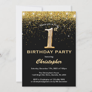 1:a födelsedagen Black och Guld Glitter Confetti Inbjudningar