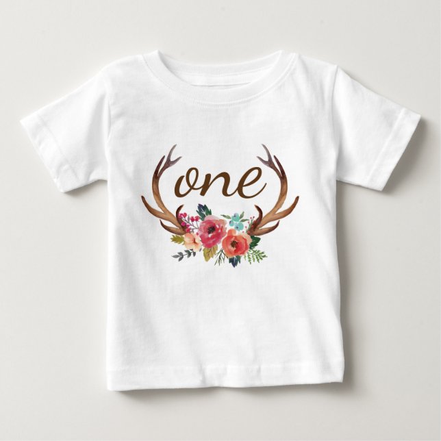 1:a födelsedagen Blommigt Hjort Horn Personlig-10 Tee Shirt (Framsida)