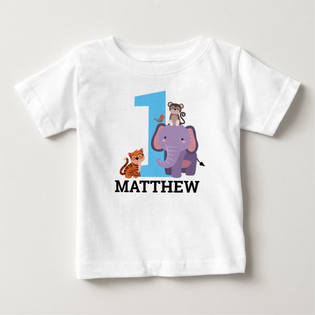 1:a födelsedagen Blue Jungle Animals Boy T Shirt (Framsida)