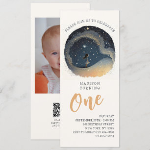1:a födelsedagen Celestial Stars Watercolor Boy Mo Inbjudningar