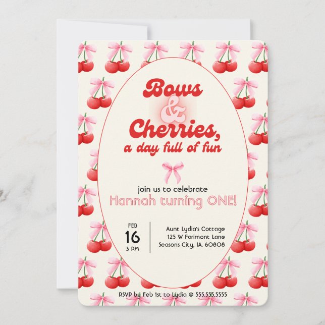 1:a födelsedagen Coquette Cherries Bows Bubble Bre Inbjudningar (Framsida)