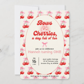 1:a födelsedagen Coquette Cherries Bows Bubble Bre Inbjudningar