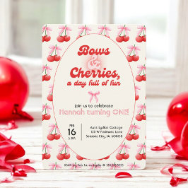 1:a födelsedagen Coquette Cherries Bows Bubble Bre Inbjudningar