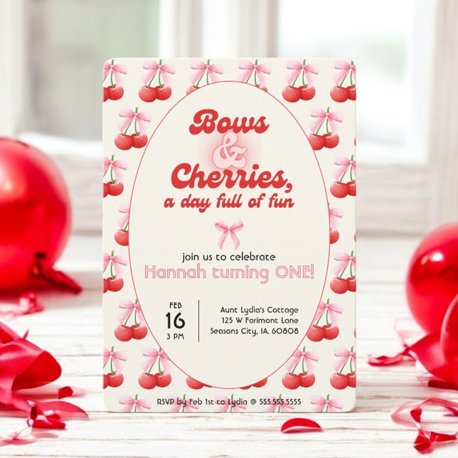 1:a födelsedagen Coquette Cherries Bows Bubble Bre Inbjudningar (Skapare uppladdad)