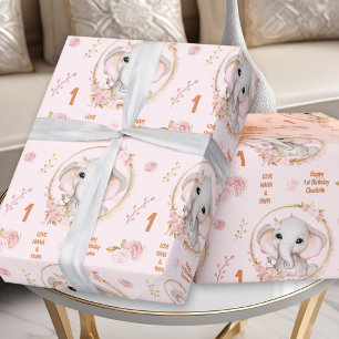 1:a födelsedagen Cute Elephant Blommigt Rosa Girl Presentpapper