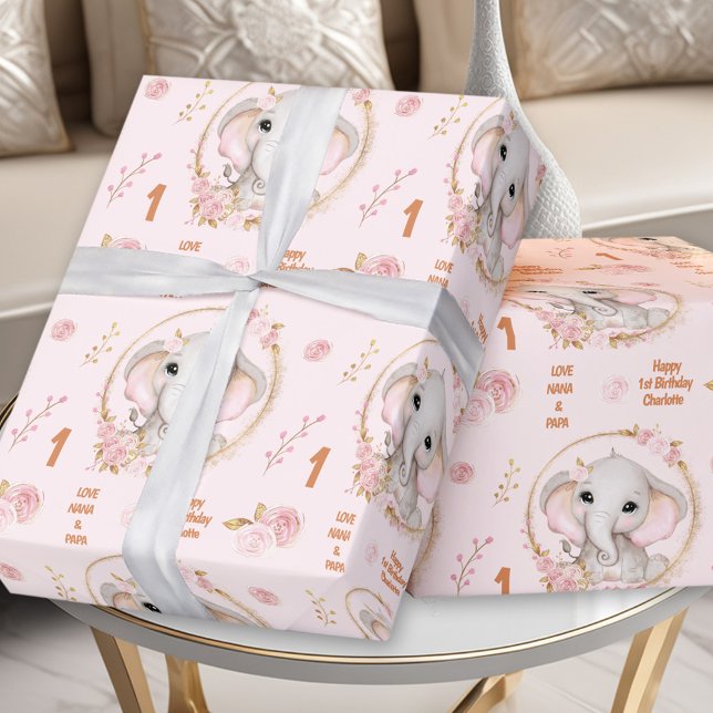 1:a födelsedagen Cute Elephant Blommigt Rosa Girl  Presentpapper (1st Birthday Cute Elephant Floral Pink Girl Name Wrapping Paper)