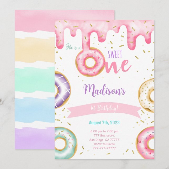 1:a födelsedagen Donut Inbjudningar (Fram/baksida)