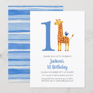 1:a födelsedagen Giraffe & Bird Stripe Party Inbjudningar