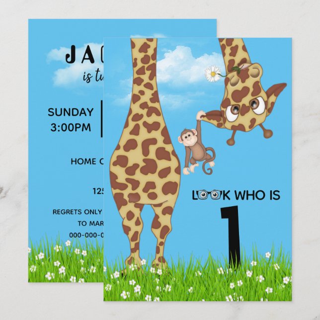1:a födelsedagen Giraffe i gräs Inbjudningar (Fram/baksida)