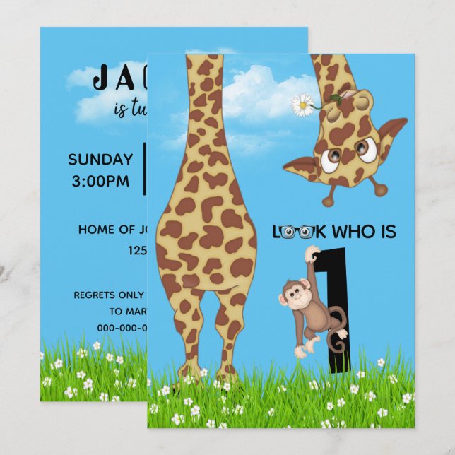 1:a födelsedagen Giraffe och apa i gräs Inbjudningar (Fram/baksida)
