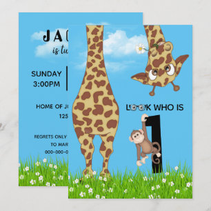 1:a födelsedagen Giraffe och apa i gräs Inbjudningar