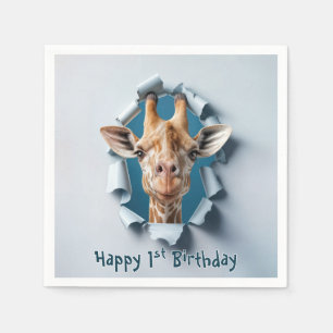 1:a födelsedagen: Giraffe Peeking genom Pappra Hål Pappersservett