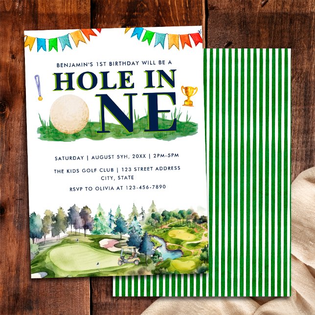 1:a födelsedagen Hål i en golf-födelsedag Inbjudningar (Front / Back)