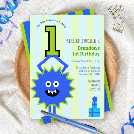 1:a födelsedagen Little Monster Boy Blue Grönt Ran Inbjudningar