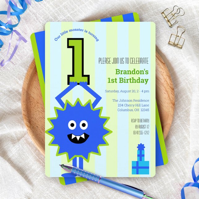 1:a födelsedagen Little Monster Boy Blue Grönt Ran Inbjudningar (Skapare uppladdad)