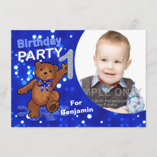 1:a födelsedagen Nalle Party, Anpassningsbar Foto Inbjudningar