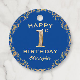 1:a födelsedagen Party Blue och Guld Glitter Ram Gåvor Etiketter
