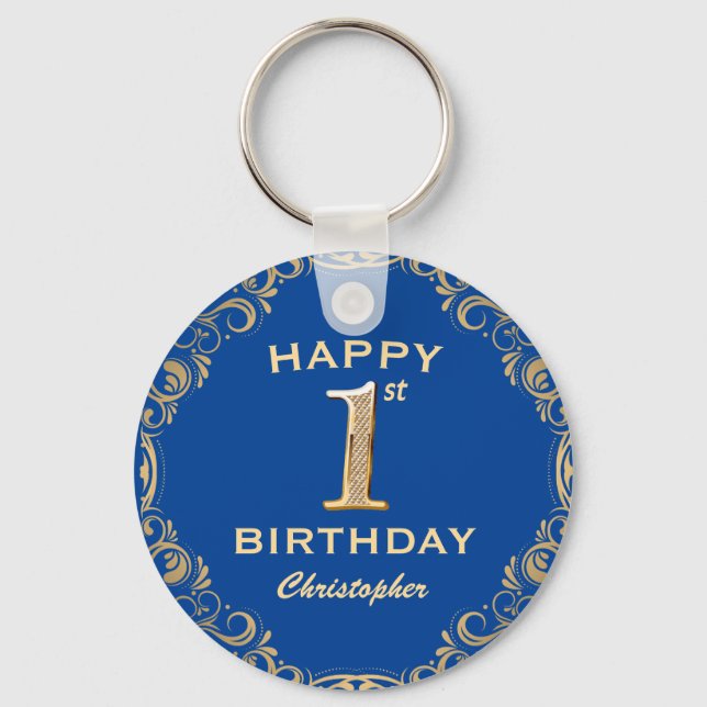 1:a födelsedagen Party Blue och Guld Glitter Ram Nyckelring (Framsida)