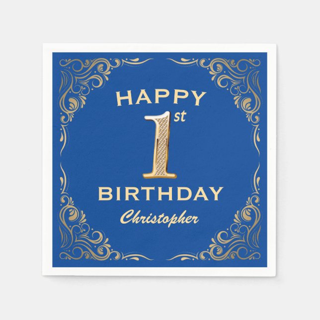 1:a födelsedagen Party Blue och Guld Glitter Ram Pappersservett (Framsidan)