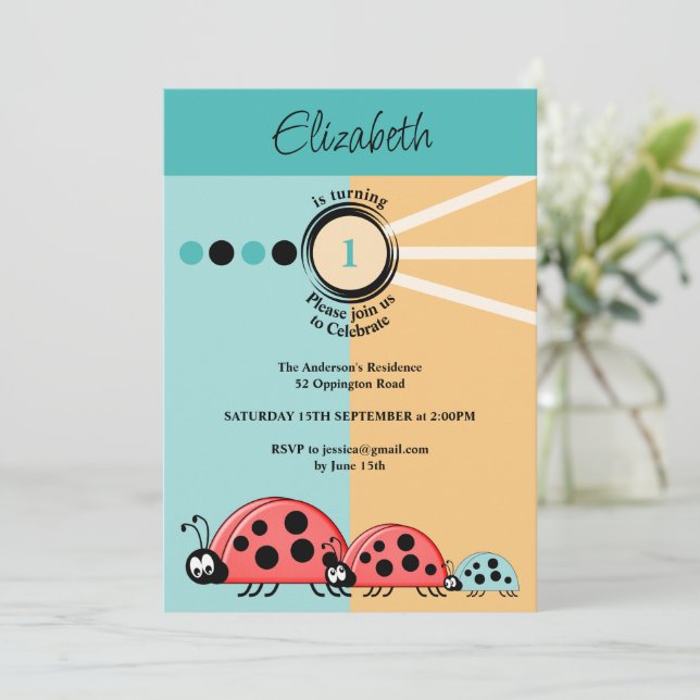 1:a födelsedagen party ladybugs grönt orange firar inbjudningar (Stående Fram)