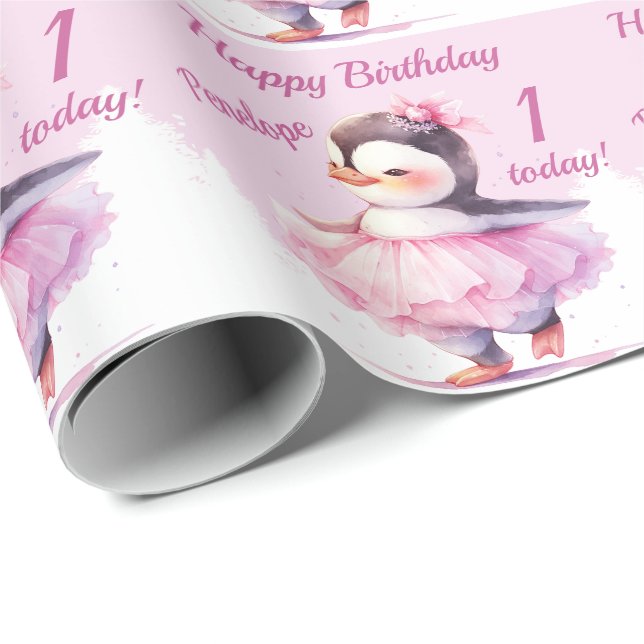 1:a födelsedagen Penguin Ballerina Rosa Presentpapper (Rullad Hörn)