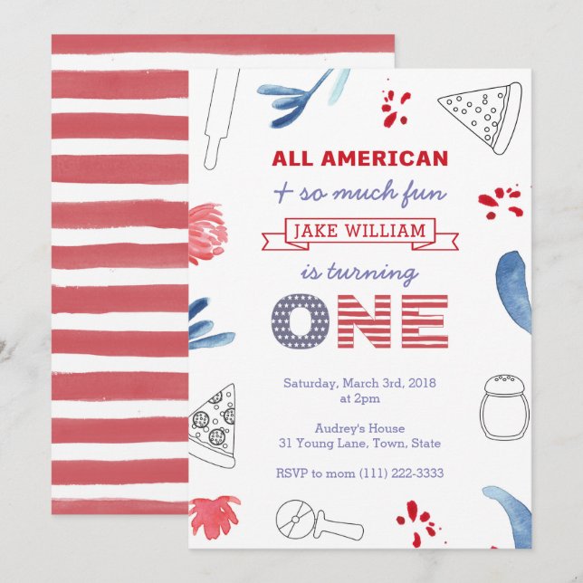 1:a födelsedagen Pizza Party för Boy eller Girl Inbjudningar (Fram/baksida)