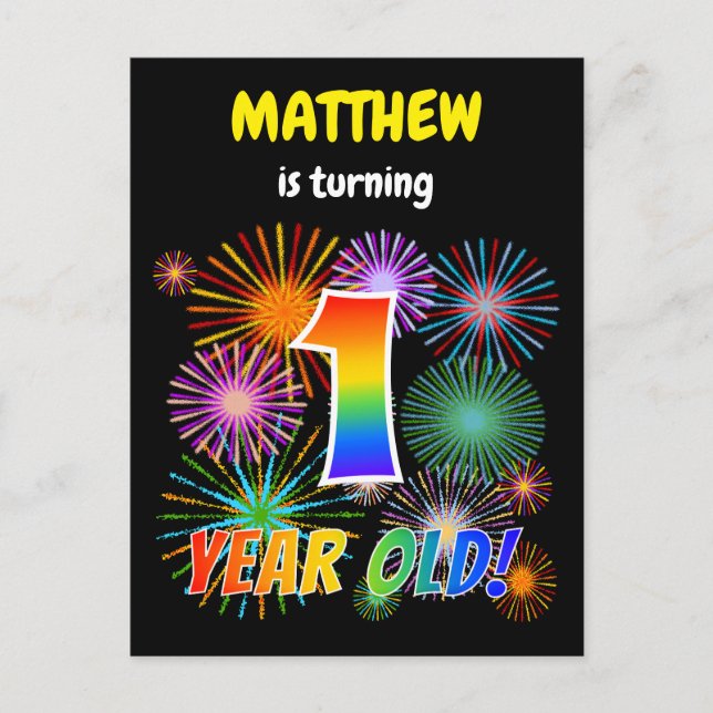 1:a födelsedagen - Roligt Fireworks, Regnbåge look Vykort (Framsida)