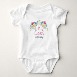 1:a födelsedagen Rosa Blue Butterflies och Flower T Shirt