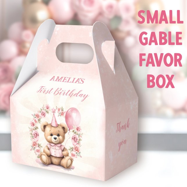 1:a födelsedagen Rosa ros Cute Nalle Presentaskar (Bear Roses Small Gable Favor Boxes - You can choose from 3 sizes of these gable favor boxes)