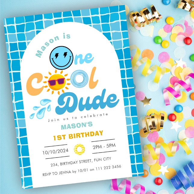 1:a födelsedagen vid sommaren Bassäng Party 1:a Co Inbjudningar (One Cool Dude Summer Pool Party 1st Birthday Invitation)