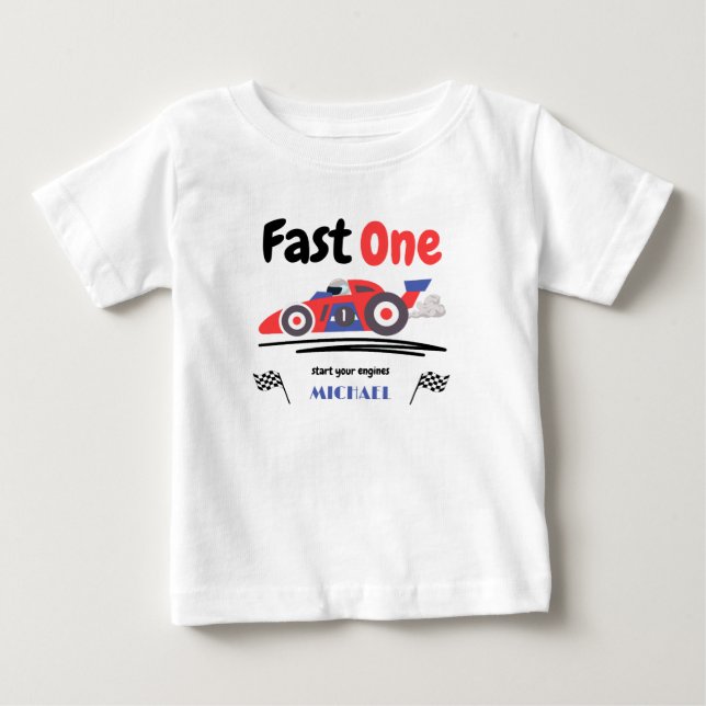 1:a Födelsedags Snabba Ettan Röd Blå Racingbil T Shirt (Framsida)