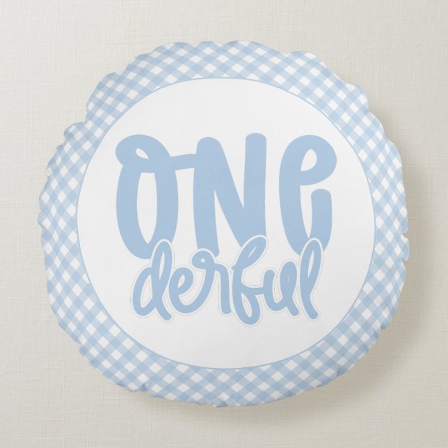 1:a födelsedagsfest Söt Pastellblå Underbar Rund Kudde (Framsidan)