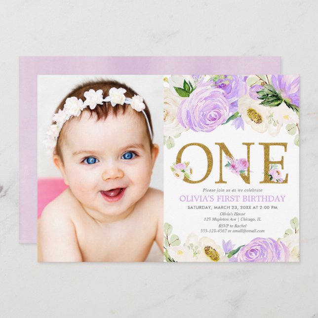 1:a födelsedagsflicka, foto av lila guld blommigt inbjudningar (Fram/baksida)