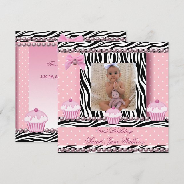1:a födelsedagsflicka Rosa Cupcakes Zebra Bebis Inbjudningar (Fram/baksida)