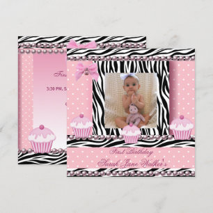 1:a födelsedagsflicka Rosa Cupcakes Zebra Bebis Inbjudningar