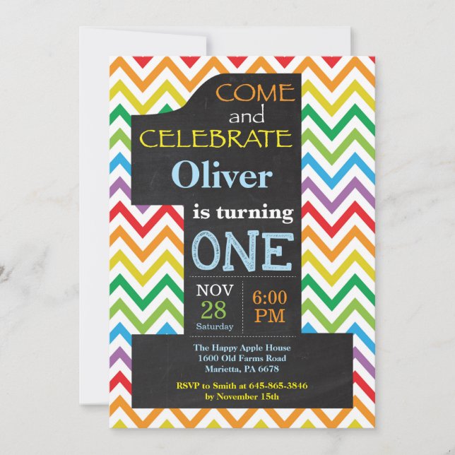 1:a födelsedagsinbjudan av Rainbow Chalkboard Inbjudningar (Framsida)