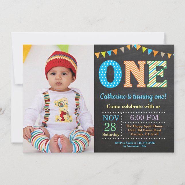 1:a födelsedagsinbjudan. Boy First Birthday Photo Inbjudningar (Framsida)