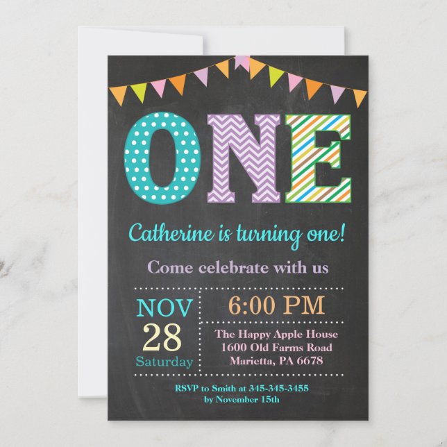 1:a födelsedagsinbjudan. Girl First Birthday Inbjudningar (Framsida)