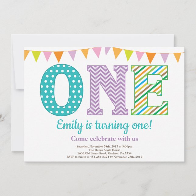 1:a födelsedagsinbjudan. Girl First Birthday Inbjudningar (Framsida)