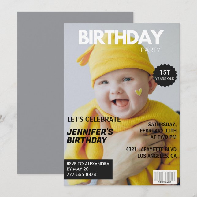1:a födelsedagsinbjudan till honom Magazine Cover Inbjudningar (Fram/baksida)