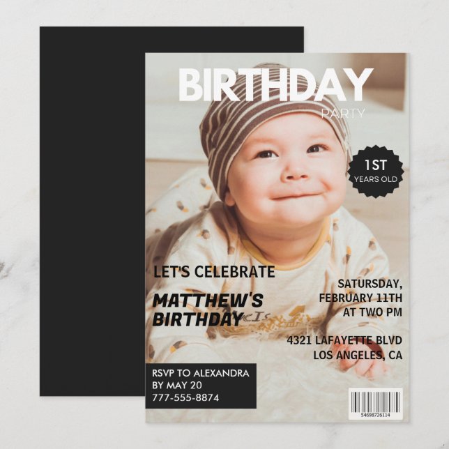 1:a födelsedagsinbjudan till honom Magazine Cover Inbjudningar (Fram/baksida)