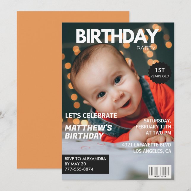 1:a födelsedagsinbjudan till honom Magazine Cover Inbjudningar (Fram/baksida)