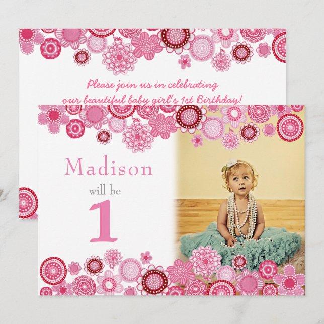 1:a födelsedagsinbjudan till Rosa-part Fotokort Inbjudningar (Fram/baksida)