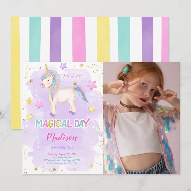 1:a födelsedagsinbjudan till Unicorn-foto Inbjudningar (Fram/baksida)